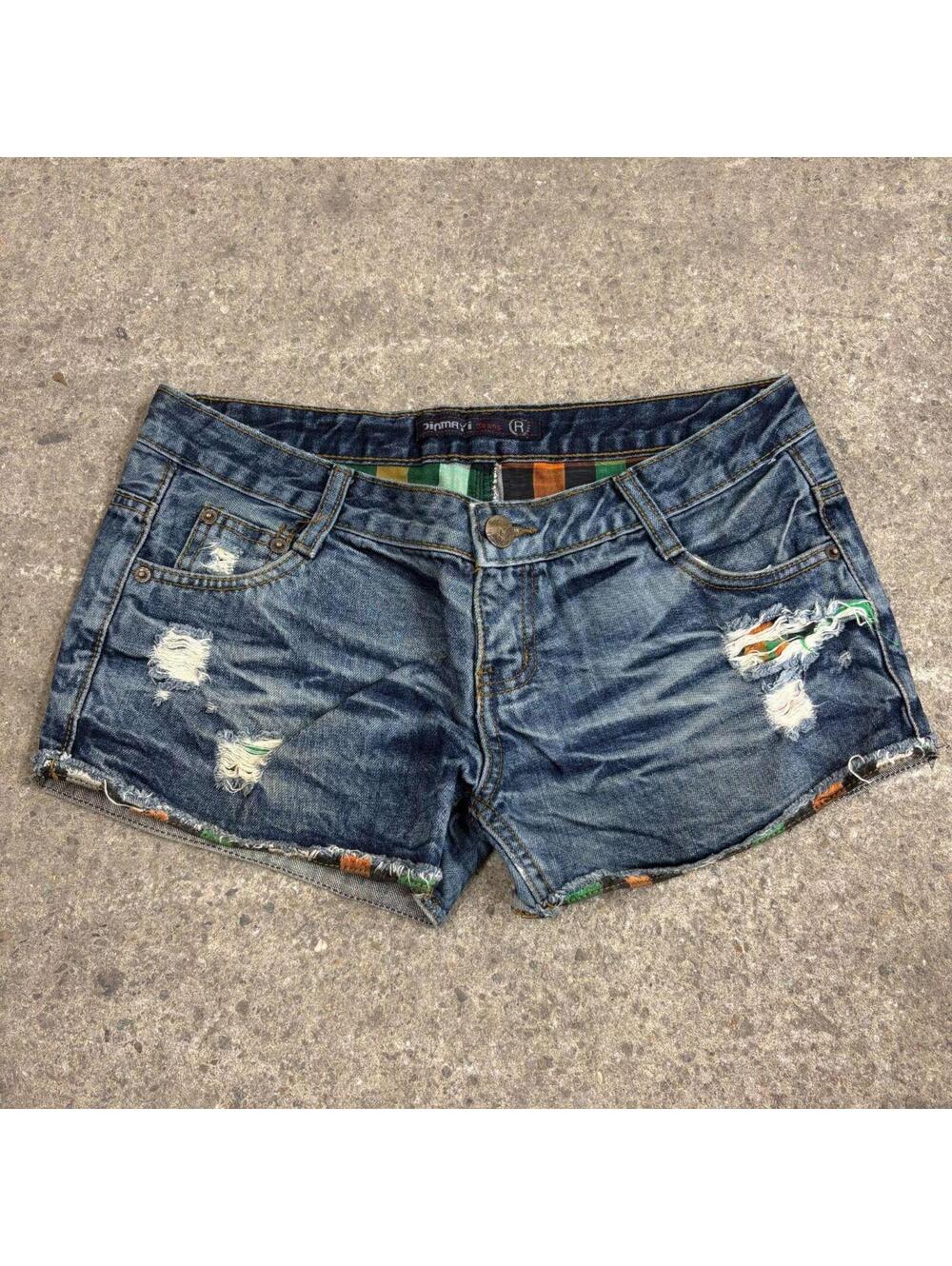 Vintage Y2K Low Rise Denim Micro Shorts Plaid Detail